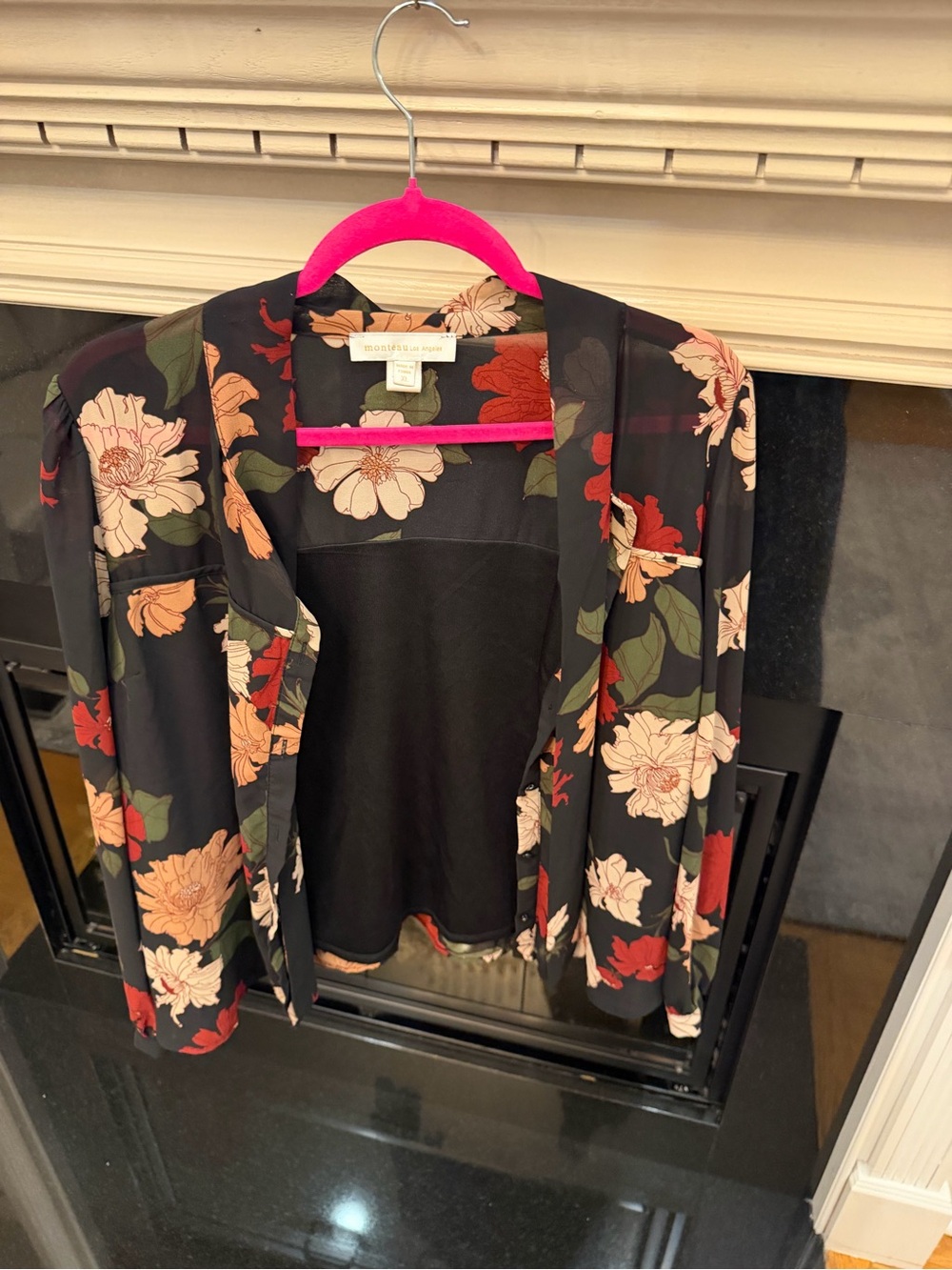 Monteau Black Floral Open-Front Blazer with Red and Cream Blooms